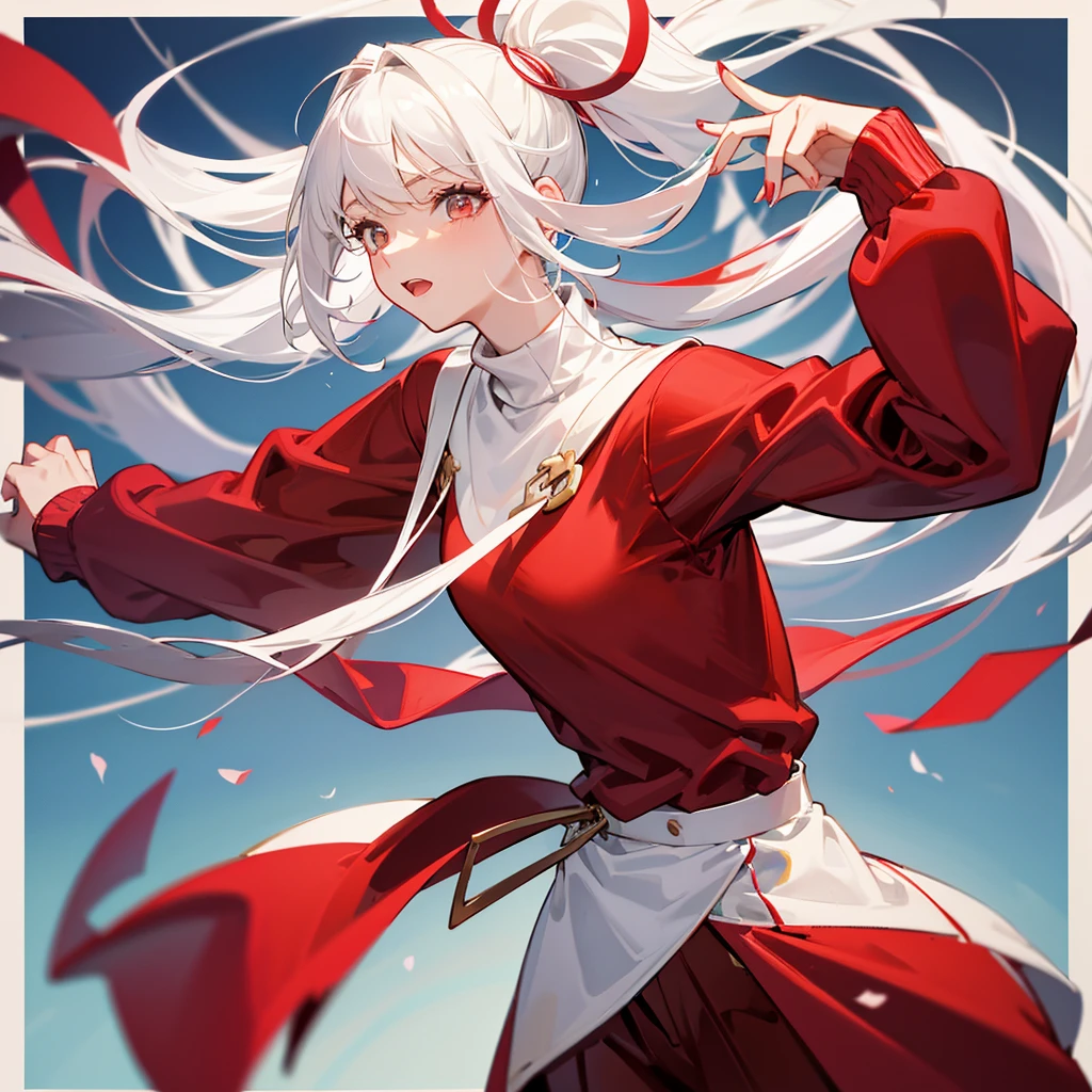 Wearing a red sweater with a high ponytail，Beautiful figure，White hair