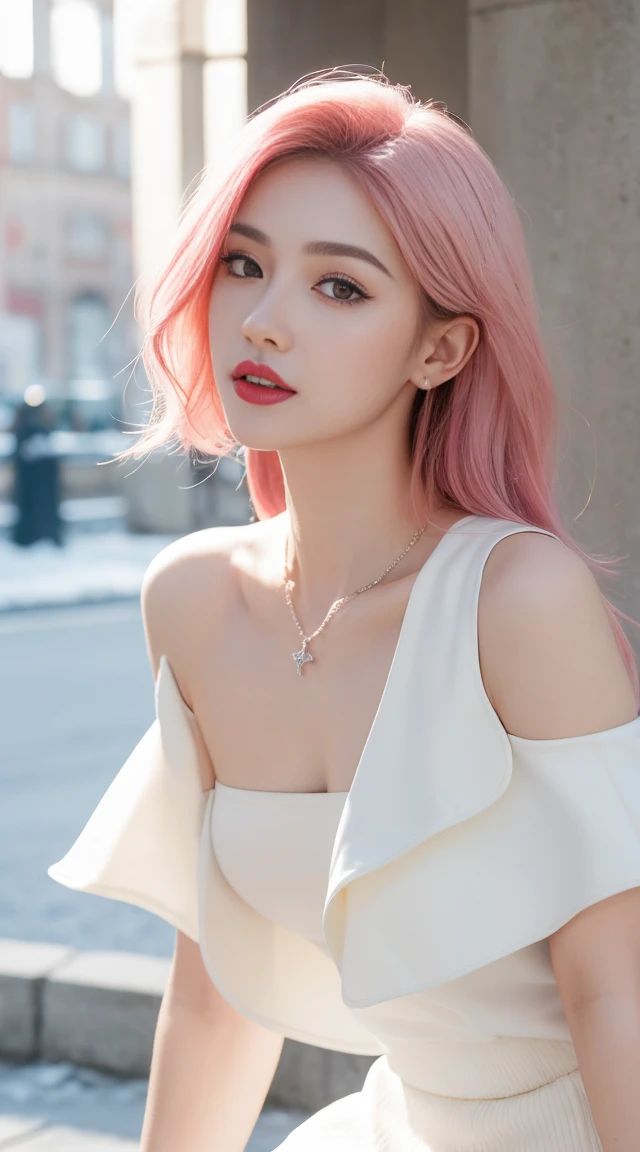 1 girl, Korean model, extremely beautiful, perfect body. Photo taken with Canon EOS R5 85mm f/11 Camera, ((sharp)) mode of people and surrounding scenery. Image quality ((8K)), ((lifelike)), ((masterpiece)), ((sharp and highest contrast)), ((great depth of field)), ((light stereolithography)). ((Pink hair)), long and smooth, the wind blows it beautifully under the bright sunlight. Beautiful face, perfect and sexy, holy, perfectly balanced, ((beautiful in every detail)), ((shiny)), ((high-end cosmetic makeup)), ((shiny bright, radiant)). Bright smile, pure white teeth and details. Seductive glossy red lips, ((brilliant glossy red lipstick)). The eyes are brown, glossy, seductive, ((sharp makeup)), realistic, ((wet eyes)) and detailed. Pink eyeshadow, long eyelashes, blush, high-end cosmetics. Two delicate eyelids, perfectly beautiful and detailed, black eyelashes. Eyebrows are curved, sparse, sharp and detailed. High and detailed nose. Cheeks are prominent and detailed. ((Ivory white, bright white skin)), detailed pores, ((shiny skin)), smooth, rosy, flawless skin texture. Long, shiny legs. Beautiful, perfect hands, ((no flaws)). ((Light shines directly on the face)), bright sunlight, ((shines light on the front part of the girl's body)).
Wearing earrings, necklaces, belts, ((thin shirts)), ((shiny leather skirts)), high heels, bracelets, streets, ((white snow)), cold winds, frost, cold, numb, ((frozen)), snowflakes, lonely, magical, dreamy, waiting, ((hope)), ((church)).