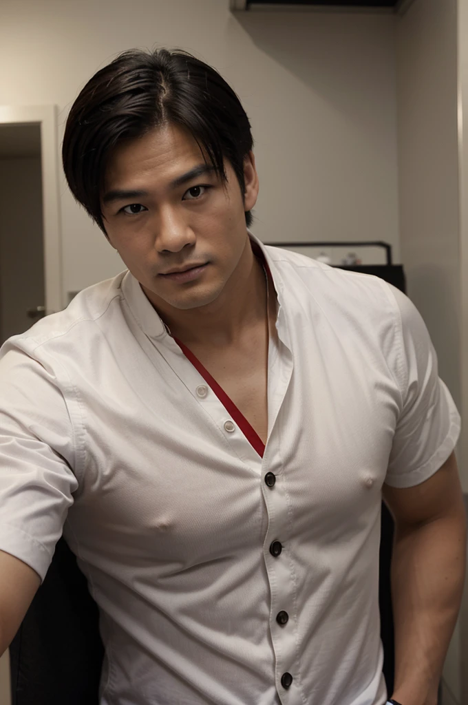 there is a handsome Asian man wearing a red lanyard around his neck, selfie shot straight on angle, taken on a 2010s camera, looking straight to camera, wearing a white shirt and waistcoat, looking straight to the camera, looking towards the camera, taken in the late 2010s, sexy, chiseled jawline, clean shaven, not wearing glasses