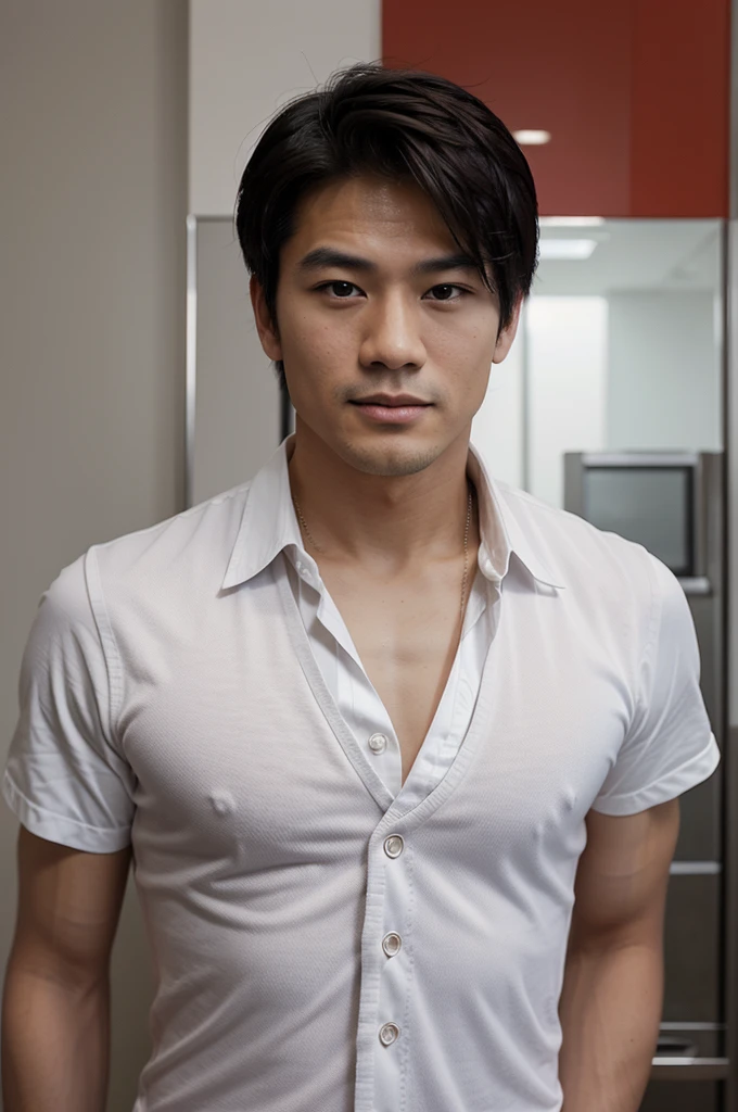 there is a handsome Asian man wearing a red lanyard around his neck, selfie shot straight on angle, taken on a 2010s camera, looking straight to camera, wearing a white shirt and waistcoat, looking straight to the camera, looking towards the camera, taken in the late 2010s, sexy, chiseled jawline, clean shaven, not wearing glasses