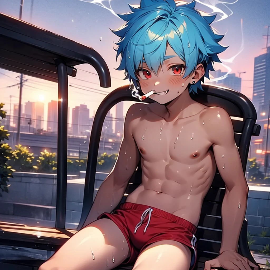 (solo:2), (boldline:-1.6), (illustration:1.5), (smoking:1.6), (((bubble))), (sitting on bench:1.5), (spread legs:1.5), (((fang))), (((best finger))), BREAK (best quality:1.5), (absolutely resolution:1.5), (ultra detailed:1.5), (masterpiece:1.5), (perfect face), (detailed face), (detailed eyes), (best eyes), ((cute face)), (shota:2.2), BREAK (topless:1.5), BREAK (red short pants:1.5), (see throgh wet clothes:1.3), (bulge:1.6), (skinny:1.3), BREAK (light blue hair:1.5), ((spiked hair)), BREAK (wine red eyes:1.4), (eyes with highlight:1.6), ((mole under eye)), (sweaty skin), (grin:1.3), ((earrings)), (shiny skin:1.3), BREAK (building:1.5), (at twilight:1.5), ((wind blowing)), ((nipple)), abs, groin, from below, wide angle,