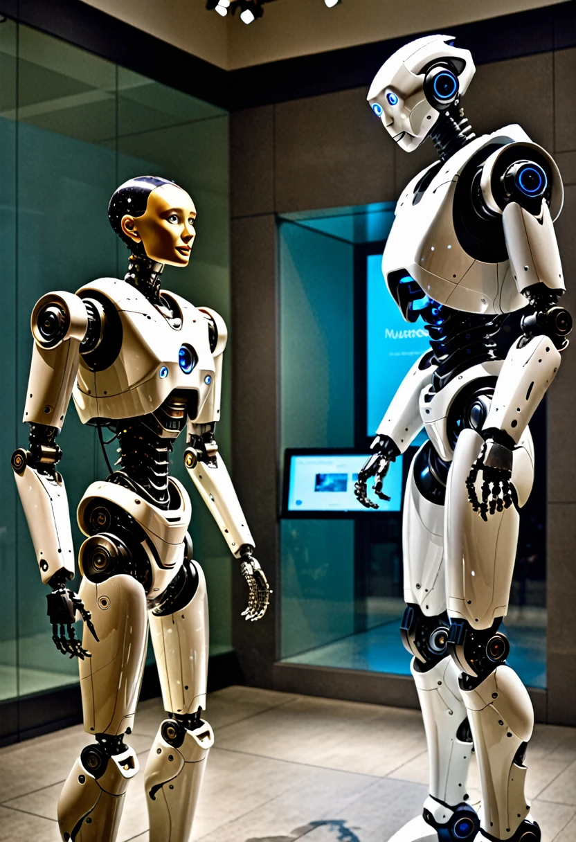 A robot observes an extinct human in a museum.