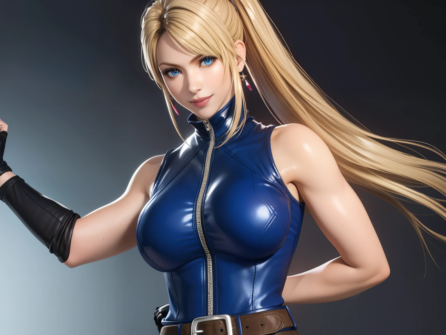 Sarah, blue eyes, very long hair, (shiny skin:1.2), (skinny girl:1.5), blonde hair, high ponytail, (detailed hair streaks:1.3), (free flowing hair streaks:1.3), floating hair, bodysuit, Shoulders exposed, (arms exposed:1.3), (medium breasts:1.3), (pushed up breasts:0.4), (curvy figure:0.7), (hands behind back:1.4),  (red lipstick:0.9), (tight blue bodysuit:1.1), belt ,(sleeveless:1.6), zipper, boots, high heels, earrings, (short fingerless gloves:1.4), BREAK masterpiece, 1 girl, RAW photo, (best quality:1.2), extremely delicate beautiful, very detailed, 2k wallpaper, amazing, fine details, extremely detailed CG Unity 8k wallpaper, super detailed, high resolution, (beautiful detailed girl:1.2), perfect anatomy, (shiny clothes:0.6), (big smile expression:1.2), (upper body:1.4), (Realistic, Photorealistic:1.0), (thin nose:1.2), (breast focus:1.3), high nose bridge, (blue clothes:1.2)
