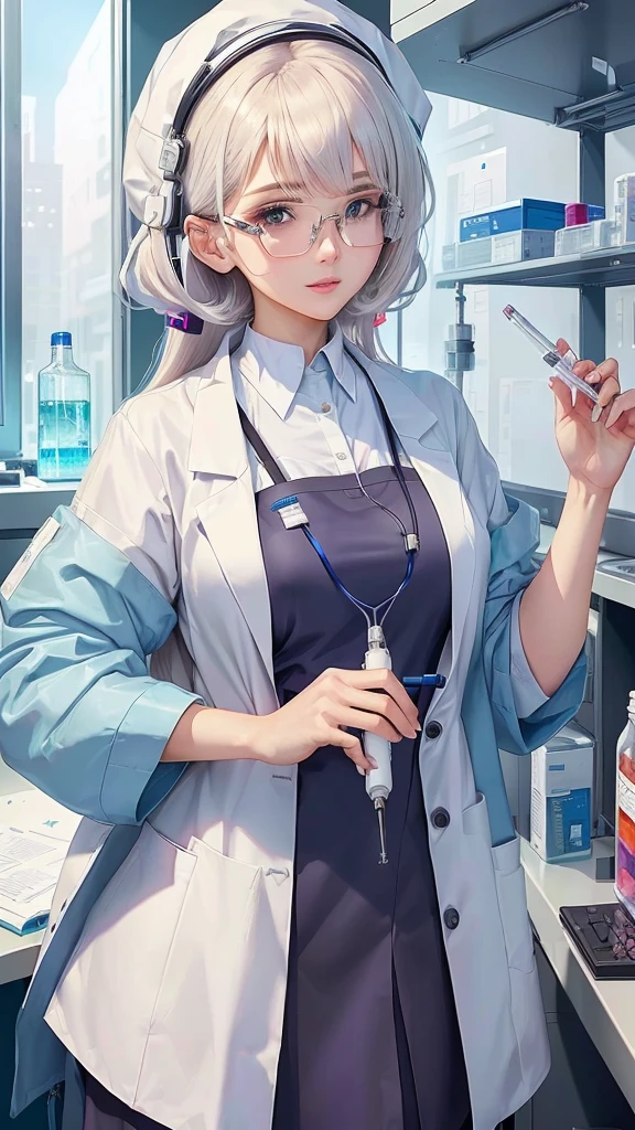 anime - style image of a woman In the lab coat holding a sydel, Wearing a white coat and a blouse, Wearing a white coat, Working in a science lab, Beautiful and detailed anime art, Wear a white coat, Wearing a white coat and glasses, Wearing a white coat, Holding a syringe!!, elite scientist, Alchemist Girl, Wearing a white coat, In the lab