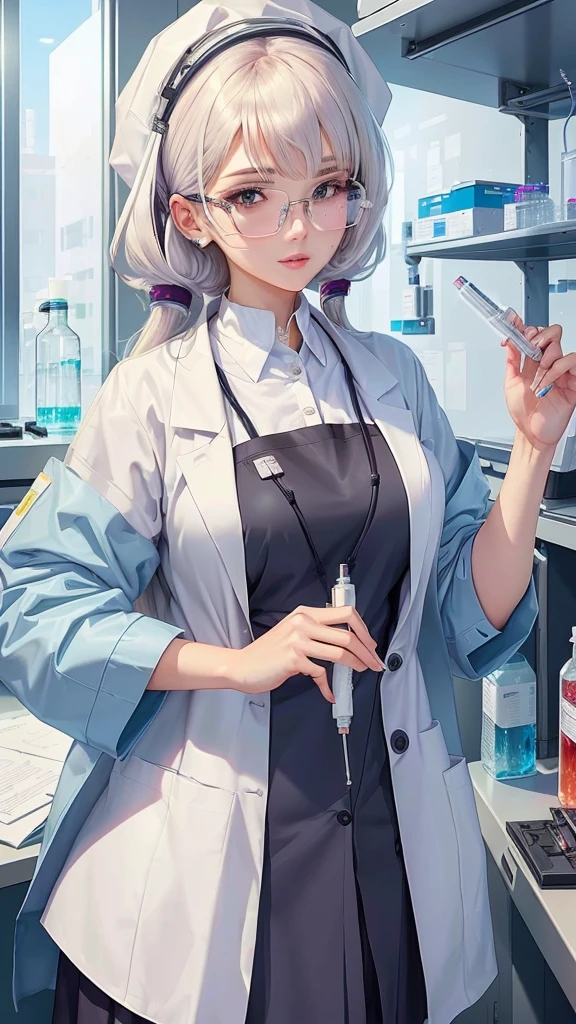 anime - style image of a woman In the lab coat holding a sydel, Wearing a white coat and a blouse, Wearing a white coat, Working in a science lab, Beautiful and detailed anime art, Wear a white coat, Wearing a white coat and glasses, Wearing a white coat, Holding a syringe!!, elite scientist, Alchemist Girl, Wearing a white coat, In the lab