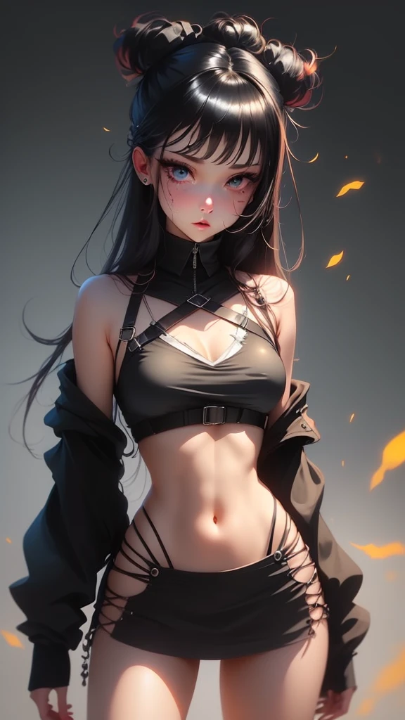 A woman with a very short miniskirt and raised top showing her navel