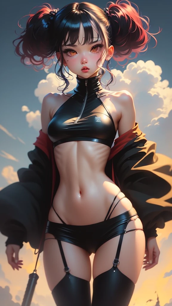 A woman with a very short miniskirt and raised top showing her navel 