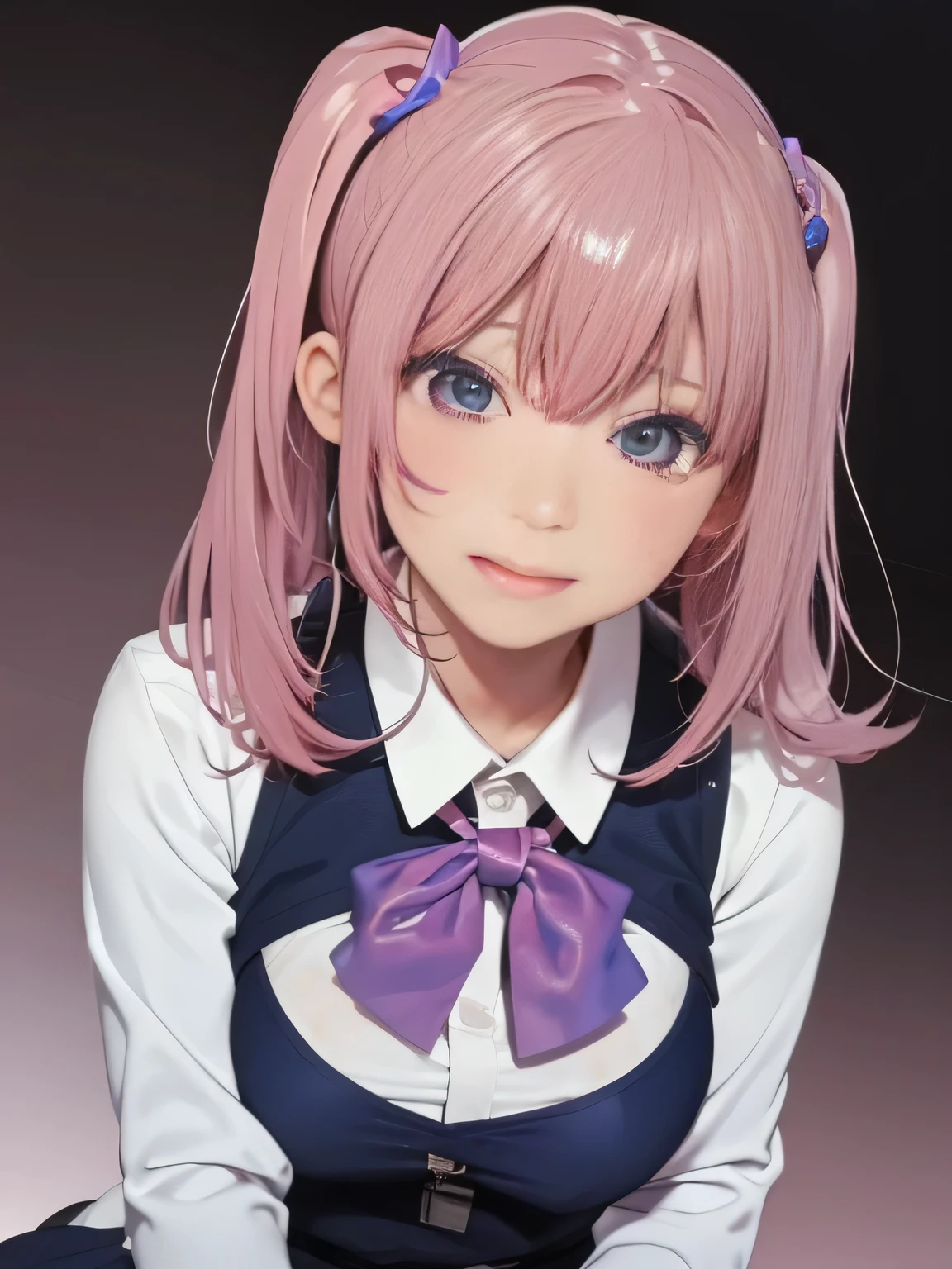 Character Name: Airi Minagawa (2nd Year)
Appearance: Pink hair in twin tails with blue ribbons
Expression: Blushing face, tears in eyes, mouth open with saliva visible
Condition: Slightly sweaty
Background: Simple white background