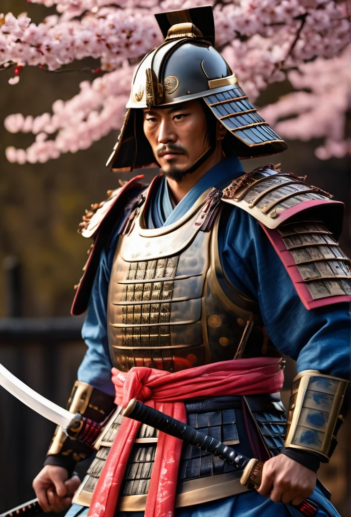 (best quality, 4k, 8k, high resolution, masterpiece: 1.2), ultra-detailed, (realistic, photorealistic, photorealistic: 1.37), a samurai, traditional armor, ultra-fine painting, HDR, UHD, studio lighting, physics-based Rendered, professional, vivid colors, long katana, shiny metallic armor, cloth robe with intricate patterns, cherry blossom background, sharp focus, polished helmet, decorative insignia, stoic and fierce expression, powerful stance, rippling muscles and defined physique, stylized hair, Artistic representation, dramatic lighting, color grading to enhance the traditional feel, authentic samurai footwear.