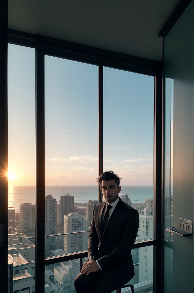 Image of a man in a building on the thirteenth floor sitting at an office desk, the office with a glass balcony, he is wearing an all-black suit, hair cut, gradient stubble and a design in his hair, in the background, on the glass balcony, the sunset and the beach