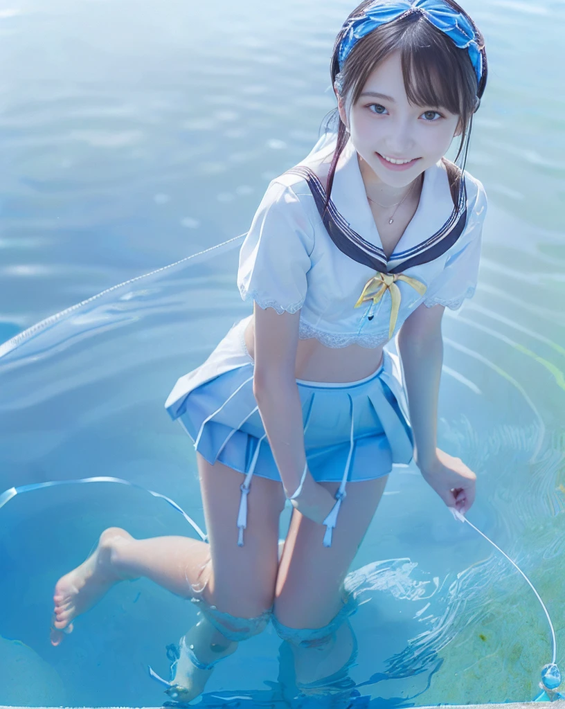 (NFSW)、(High resolution:1.5)、Highest quality,Very detailed,masterpiece,Super detailed,alone,(One 12 year old girl),((Summer School Uniforms:1.5)), Seraphim, ((skirt:1.5)), smile, Thigh fetish images: 1.5、(((barefoot)))、(Her thighs and white bikini reflected in the clear blue water)、(reflected in water:1.5)、((I can see the white string panties:1.5))、(Cleavage)、((Clear blue seawater))、Summer sun、はしゃいだsmile、Beautiful Eyes、(pull-out-panties)、(Panties on knees)、Big necklace and tiara、The water is marine blue、
