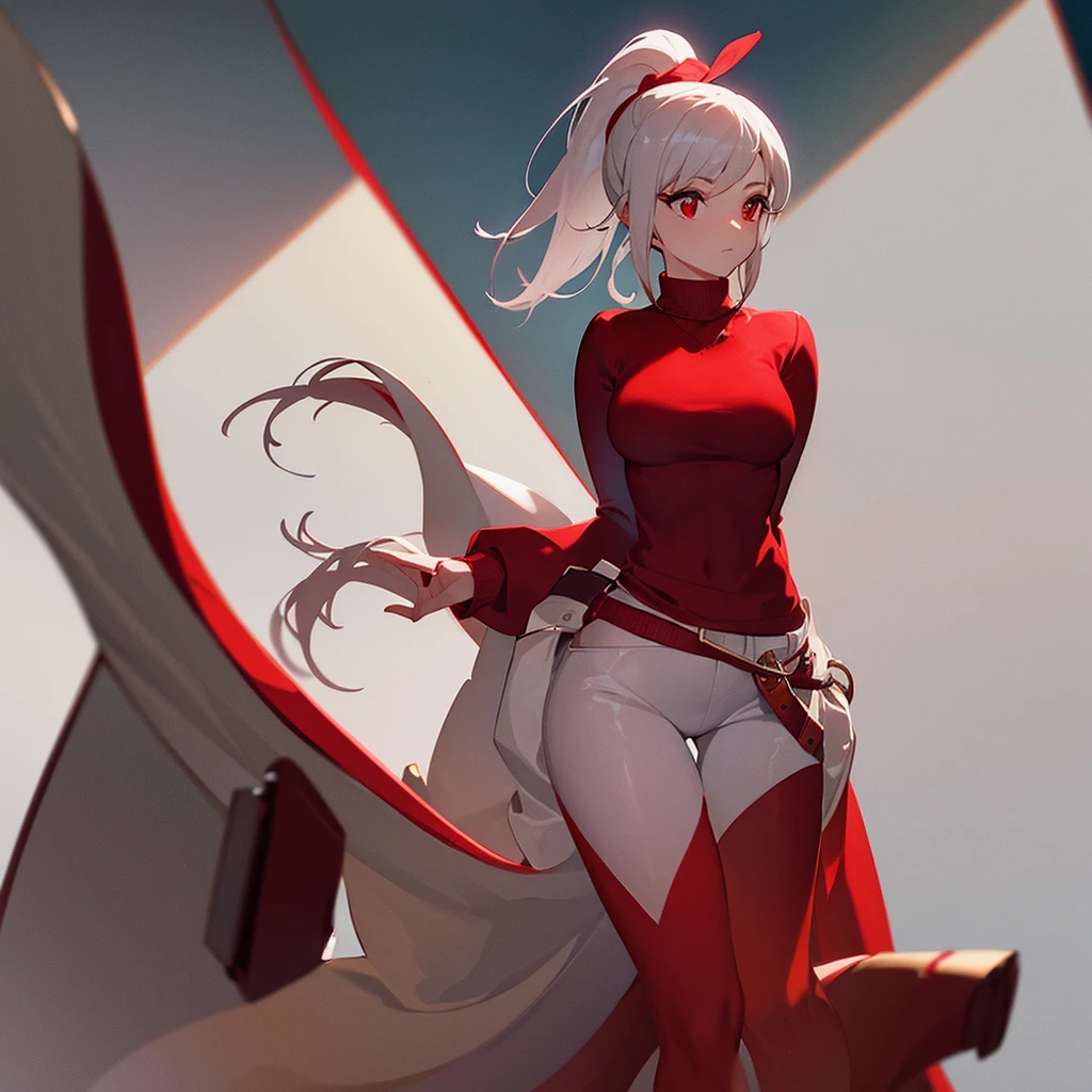 Wearing a red sweater with a high ponytail,Beautiful figure,White hair