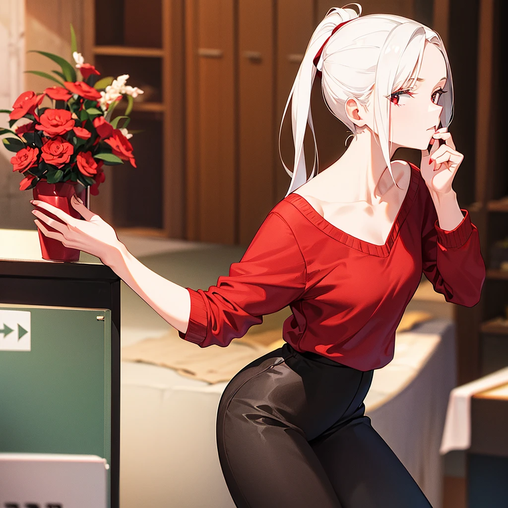 Wearing a red sweater with a high ponytail，Beautiful figure，White hair