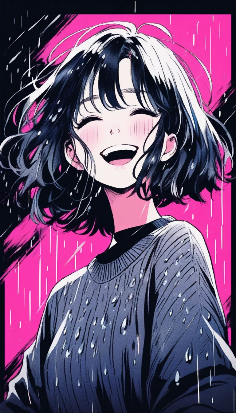 Illustrator, anime , Realistic ,sketch , smile、Laughing with your mouth open、Abstract rain on background、1 girl, ,lip, sweater,order, Black gradient background, black髪,Short Bob、blackｔshirt、Textured Trim, Canadian, (masterpiece,Highest quality) Cancer