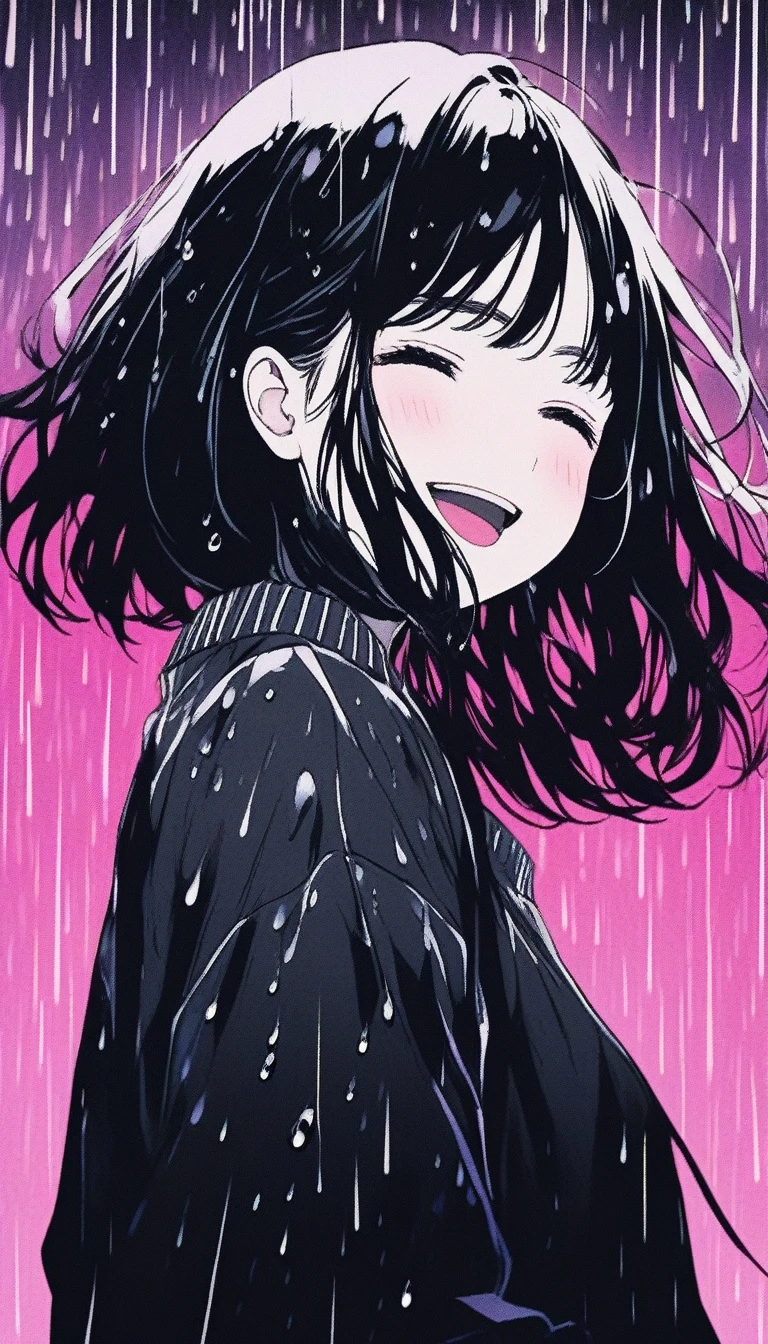 Illustrator, anime , Realistic ,sketch , smile、Laughing with your mouth open、Abstract rain on background、1 girl, ,lip, sweater,order, Black gradient background, black髪,Short Bob、blacktshirt、Textured Trim, Canadian, (masterpiece,Highest quality) Cancer