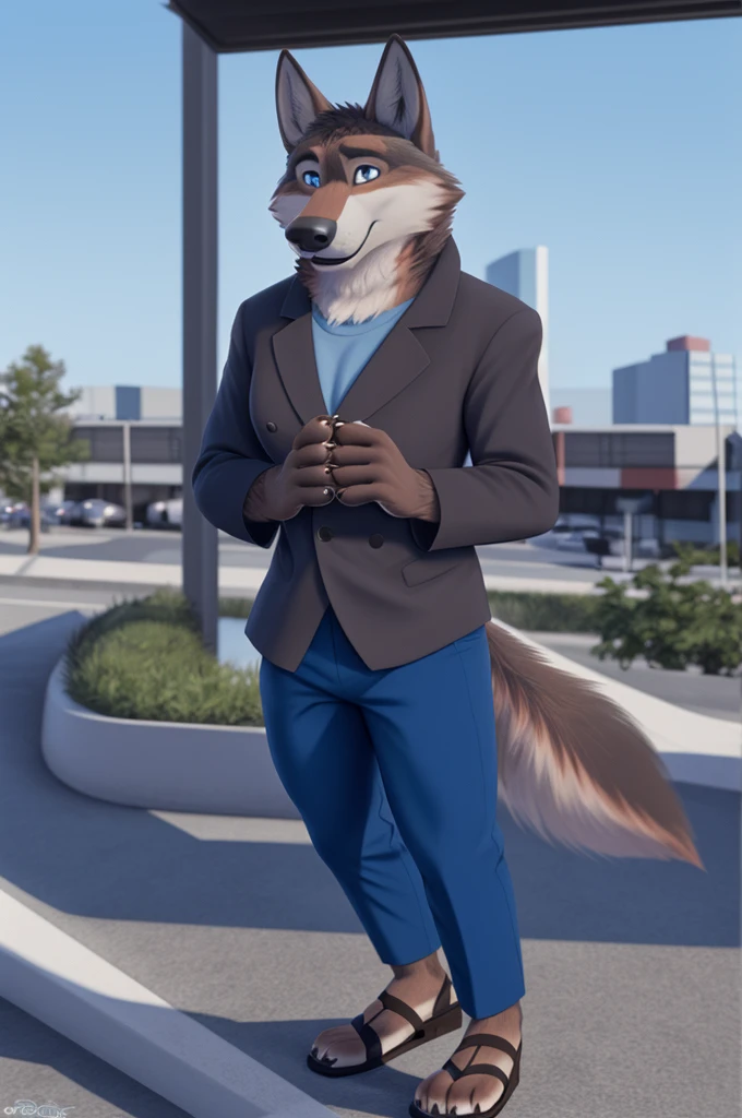 Emilia (Zveropolis), wolf, Gray Fur, (brown body:1.3), Blue eyes, Zveropolis, dressed,blue jacket,shirt,blue pants,red,takes off heeled sandals, ,female breast,canine, Wolf, Detailed fur, Female, antro, paw pads, finger claws, At the viewer, 5 fingers, paws, 5 fingers,there&#39;s a restaurant coming, ,mood,open mouth, flash cameras, loves,pink heeled sandals, 
BREAK from nextel, for dating, by xenoforge, (difficult, high detail, film photography, soft focus, RAW, fluororealism, realistic, photorealistic, analog style, Subsurface scattering,hesitates to wear sandals with heels, 
masterpiece, Best quality, ultra realistic, 8 k)
