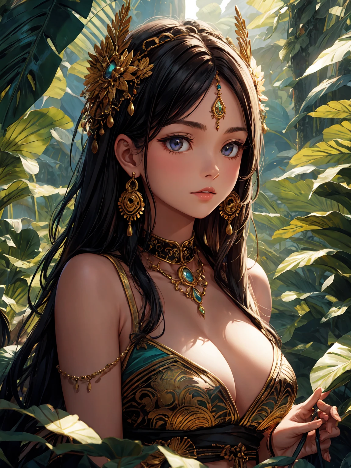 a detailed portrait of a young maya woman, intricate jewelry, summer solstice, golden light, dramatic chiaroscuro lighting, ornate headdress, exotic flowers, lush jungle foliage, cinematic composition, highly detailed, 8k, photorealistic, dramatic lighting, vivid colors, warm color palette