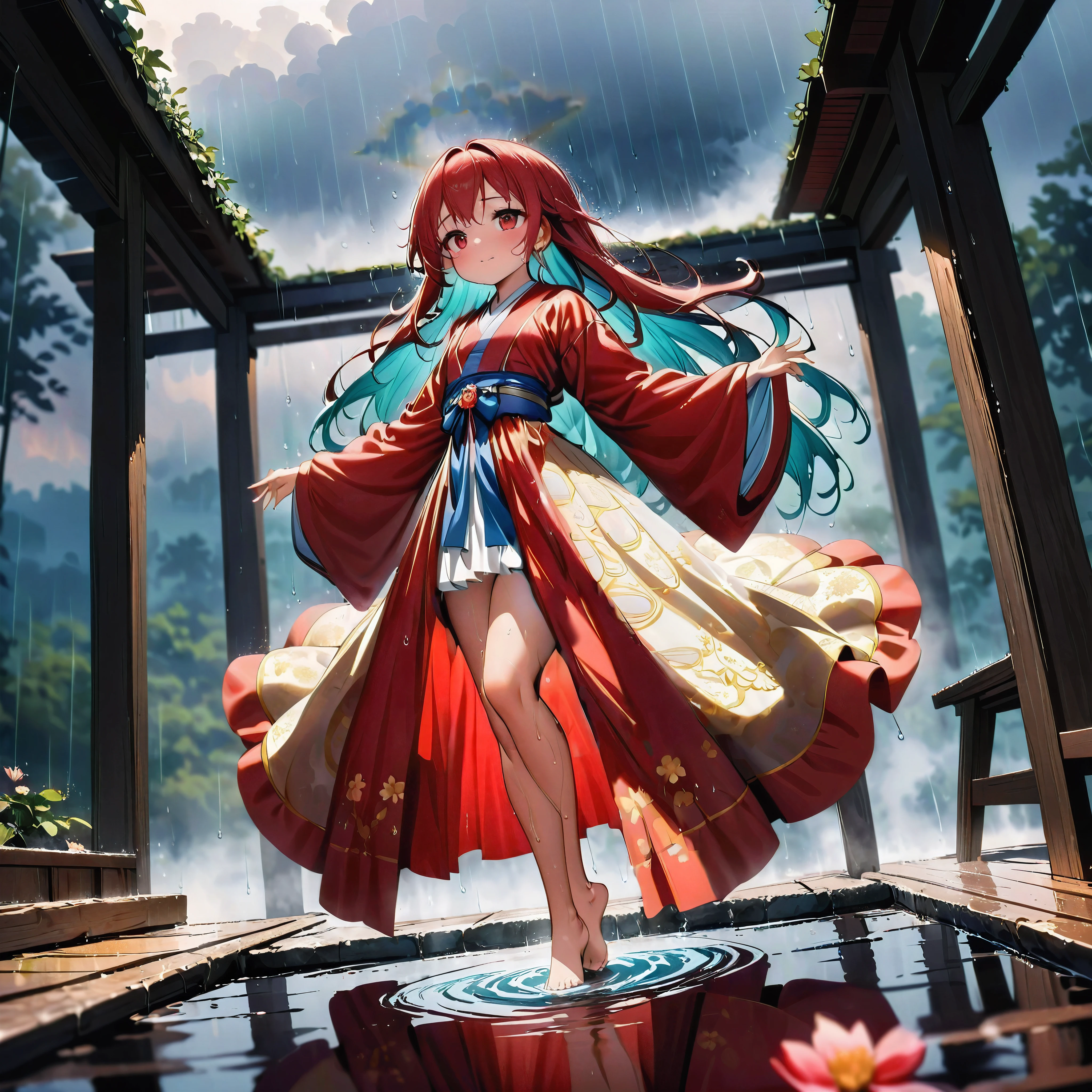 (full body), (solo), (A 7-year-old girl:1.2), (very young little girl), loli, (Solo), (small breast), (wide angle), raw photo, Aesthetic, Convoluted, Awarded, chiaroscuro, Best Quality, Detailed background, (Misty atmosphere:1.2), (hard rainy day:1.1),((Girl in red very long hanfu:1.2)), large red silk hanfu, long red hanfu with a silk texture, best wrinkles, real wrinkles, best shadows, (wet, wet body, wet hair, wet skin, very wet red hanfu, reflection on the wet hanfu, delicate cherry blossom embroidery, subtle water droplets:1.15), (water spray:1.1), The downpour cascades from the heavens, each droplet a crystal bead against the backdrop of the dusky sky. The little girl, a vision in scarlet, twirls gracefully, her red long dress adorned with intricate golden patterns that shimmer in the rain's soft light. The fabric, once crisp and structured, now clings to her form, revealing the contours of her youthful silhouette. Her hair, once neatly styled, now falls in damp strands around her face, framing her features with a natural, wild beauty. The rain has washed away any semblance of artifice, leaving only the pure essence of her spirit exposed. Barefoot, her feet press into the cool, damp earth, each step a connection to the sacred ground beneath her. As she dances, her movements are fluid and free, a dance not of choreographed steps but of spontaneous expression. Her arms extend, hands gracefully tracing the air, as if drawing the raindrops into her orbit. The rain-soaked dress flows with her, the hem fluttering like wings as she spins, creating a halo of water around her. The scene is one of serene tranquility, yet there is an undercurrent of sacred power. The rain, the earth, the girl, all are part of an ancient ritual, a dance of life and renewal. The air is filled with the scent of wet earth and the faintest hint of something more—a hint of incense, perhaps, or the memory of prayers whispered long ago. This is a moment frozen in time, a snapshot of innocen