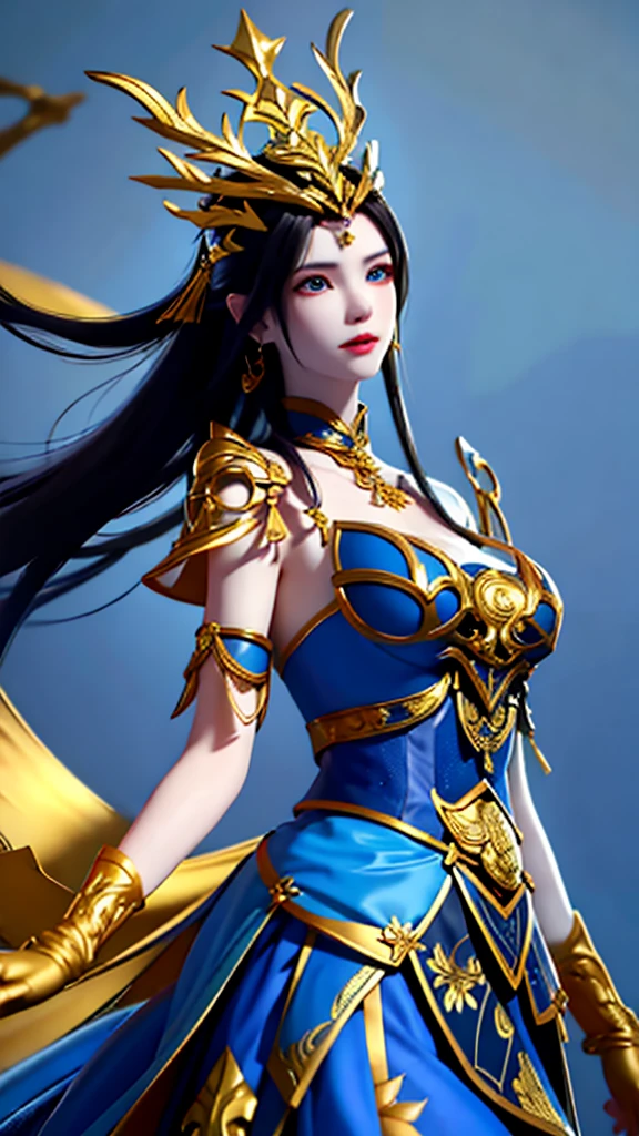 Excellent, masterpiece, black hair, blue dress, looking up, upper body, hair, fair skin, emanation, golden dragon, blue theme, skirt