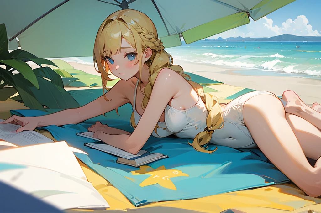 (masterpiece, best quality, UHD), Illustration, laying on a beach towel, reading a book, white swimsuit, blonde braided hair, beach umbrella shade, beautiful beach scenery