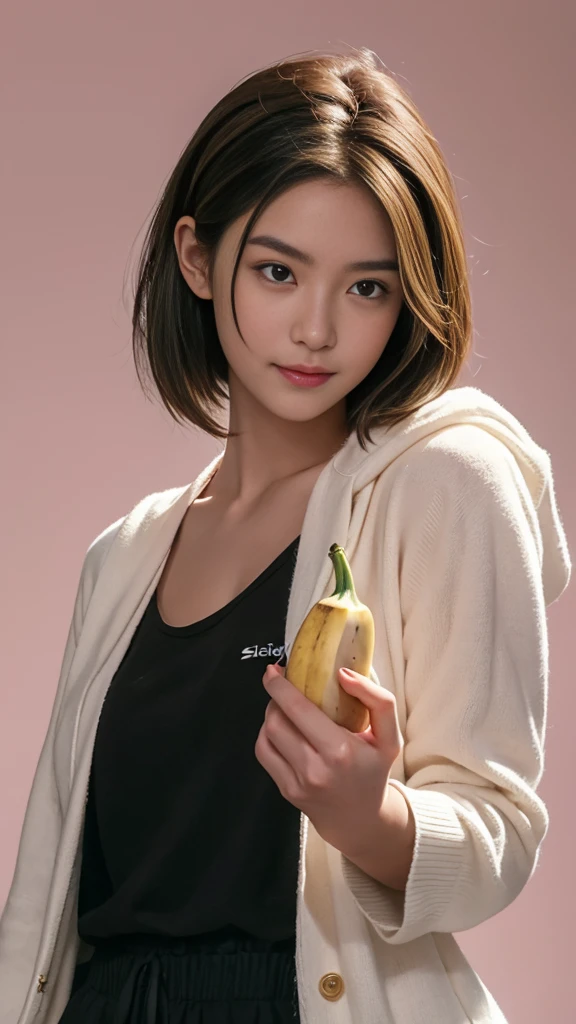 (RAW photo :1.2), (Fidelity :1.4), (pink background), lively Asian boy, banana in hand, posing at screen smiling, very detailed eyes and face, huge file size, Super Detailed, High resolution, Very Detailed, best quality, Masterpiece, 8k, Amazing, fine detail, soft lighting, (in back)