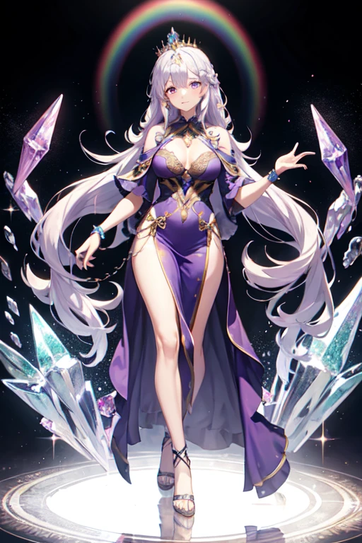 full length body image of an older woman with long light purple hair, purple eyes, foxtails, in a long rainbow dress, a crystal crown on her head, and crystals in the background