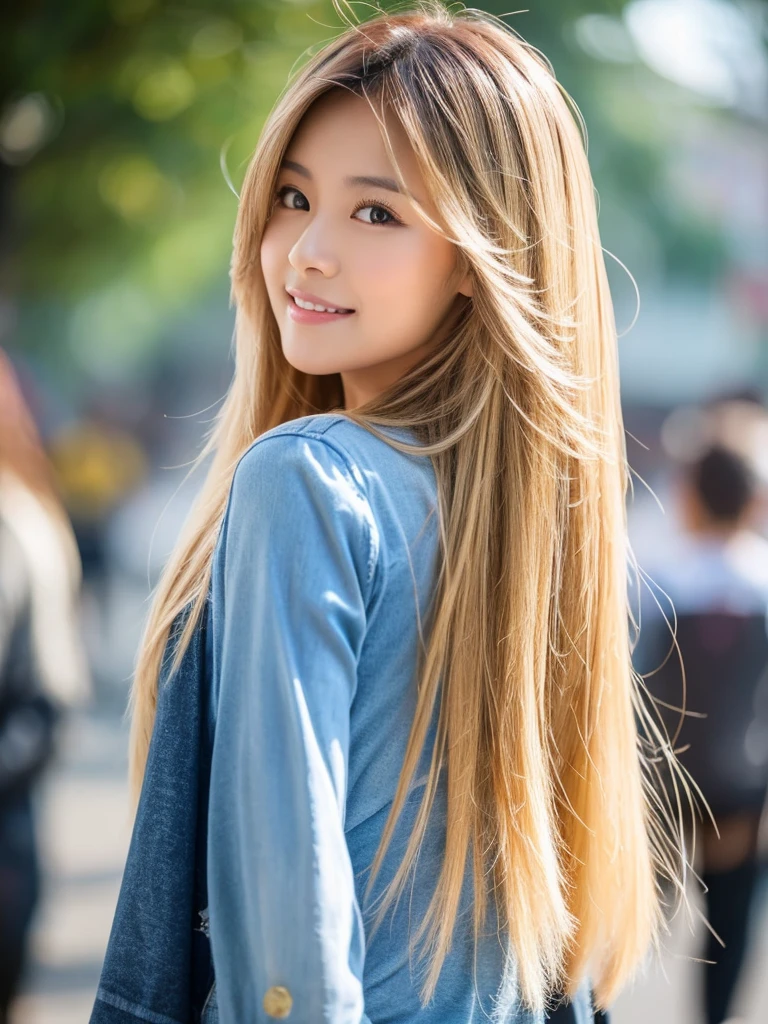 a beautiful Asian woman.
long blond hair
Hair style is layered cut
The background is a street tree