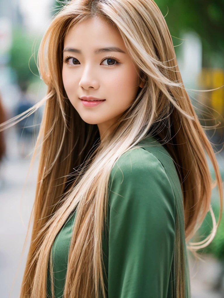 a beautiful Asian woman.
long blond hair
Hair style is layered cut
The background is a street tree