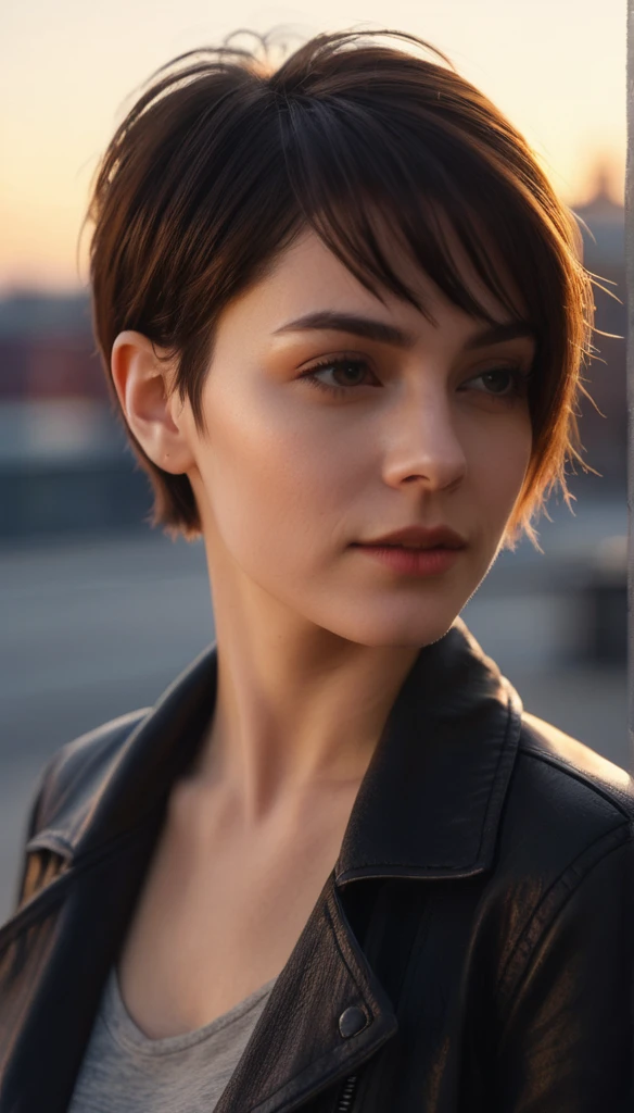 realistic photo, lots of details, portrait, young woman, very short hair, asymmetrical hairstyle, night, face illuminated by the first rays of light , shadow play, realistic photography, uhd, 8k, shallow depth of field
