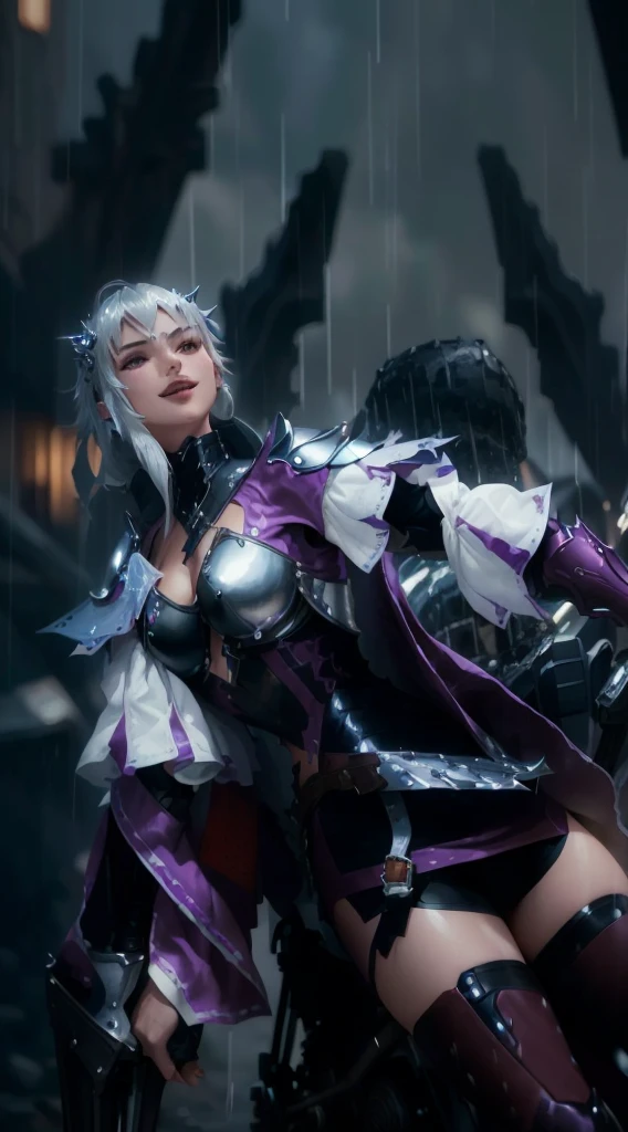 1 girl riding a motorcycle in the rain, wearing theatrical costume, sharp silver armor, purple-red skin, Sankarea water style, wlop, dragoon, from ncsoft, beautiful female warrior armor, unreal engine rendering + goddess, 8k octane render photo, bikini armor female knight, silver icy reflective armor, laughing