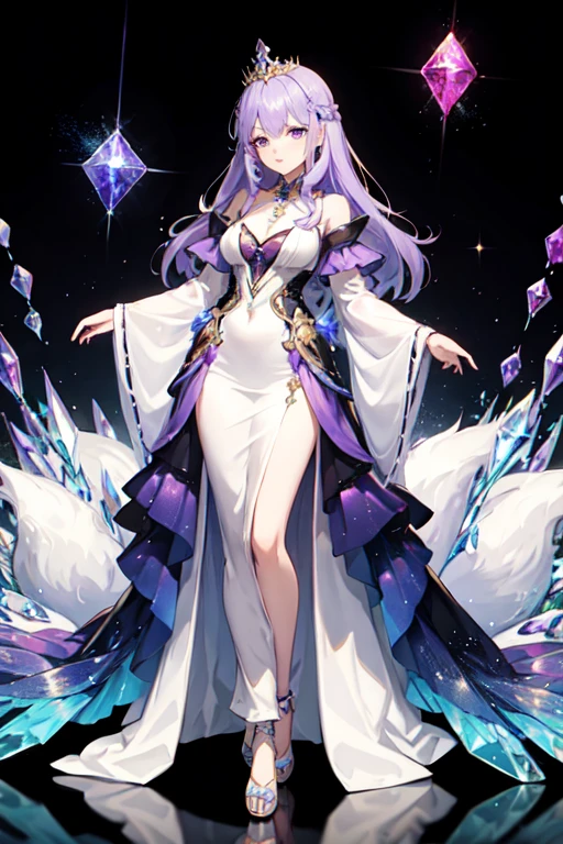 full length body image of an older woman with long light purple hair, purple eyes, foxtails, in a long rainbow dress, a crystal crown on her head, and crystals in the background