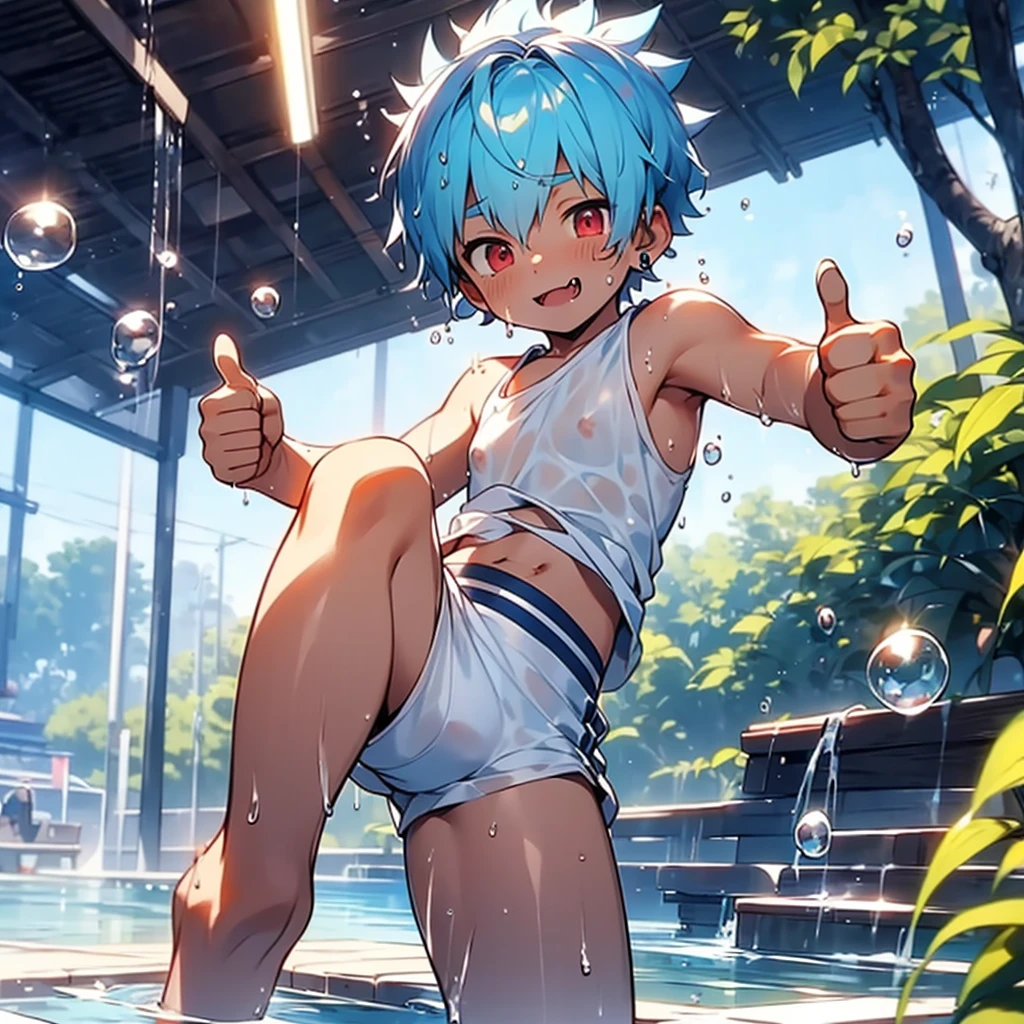 (solo:2), (boldline:-1.6), (illustration:1.5), (arched back:1.3), ((bubble)), (thumbs up:1.5), (spread legs:1.4), (standing:1.5), (((fang))), (((best finger))), BREAK (best quality:1.5), (absolutely resolution:1.5), (ultra detailed:1.5), (masterpiece:1.5), (perfect face), (detailed face), (detailed eyes), (best eyes), (cute face), (shota:2.2), BREAK (white tank top:1.5), BREAK (white loincloth:1.5), (see throgh wet clothes:1.6), (bulge:1.6), (skinny:1.3), BREAK (light blue hair:1.5), ((spiked hair)), BREAK (wine red eyes:1.4), (eyes with highlight:1.6), ((mole under eye)), (sweaty skin), (chuckling:1.4), ((earrings)), (shiny skin:1.3), BREAK (nature), (river), (forest), (sunlight), ((wind blowing)), (((nipple))), (abs), groin, water splashing, wide angle,