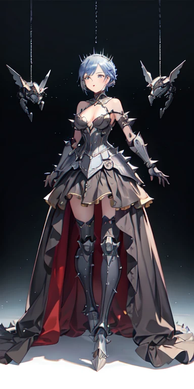 Full body anime pic of an iron maiden in a metal ballgown , metal gown , robotic body , metal armor , spiky body , metal body , robotic armor , ghostly spirits , ballgown , hidden legs