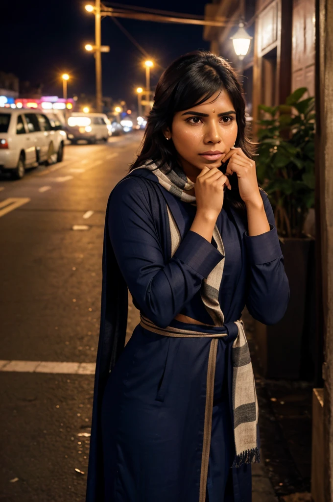 a full body photo of Samantha Ruth Prabhu in churidar, age 20-25 years, scarf tied over the mouth , crying pose, feared look, thugs , realistic, film stock, night street moonlights, cinematic