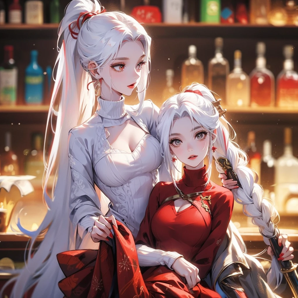 Wearing a red sweater with a high ponytail,Beautiful figure,White hair
