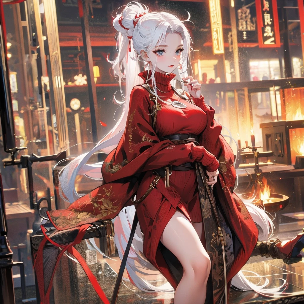 Wearing a red sweater with a high ponytail,Beautiful figure,White hair