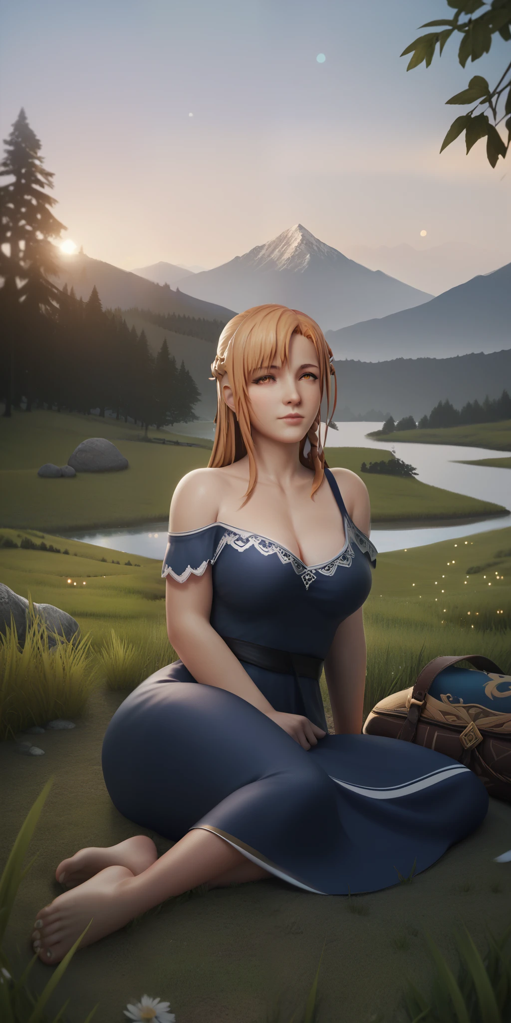 score_9, score_8_up, score_7_up, score_6_up, uncensored, Asuna Yuuki long hair, orange hair, fold hair, braid, orange eyes, breasts, epic art, fantasy, 1girl, grass, solo, barefoot, sitting, breasts, mountain, sunset, dress, bare_shoulders, outdoors, looking_at_viewer, off_shoulder, field, sky, lake, collarbone, mountainous_horizon, indian_style, twilight, tree, black_dress, large_breasts, scenery, medium_breasts, feet, off-shoulder_dress, (bokeh:1.3), rock, 