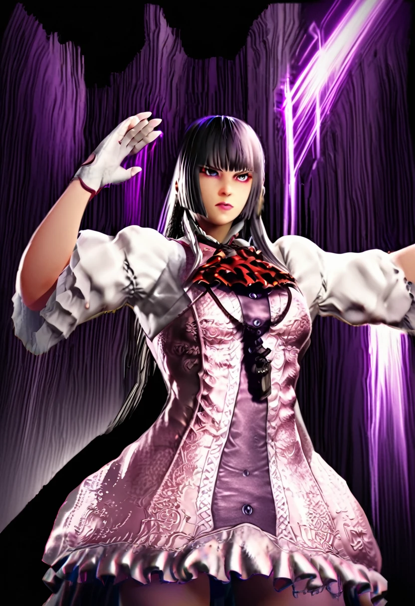 A striking high-contrast illustration of a fierce female martial artist, her short black hair adorned with subtle purple edges. Her intense gaze and determined expression convey her fierce demeanor. Clad in a sleeveless black top, black shorts, and a jacket split between purple and black, she is fully prepared for battle. Ready to unleash her electric energy, her glowing hands emit a powerful aura. Set within an eerie, mysterious forest, sunlight filters through, casting dramatic shadows and enhancing the anticipation and adrenaline-fueled excitement. The martial artist's confident, arrogant demeanor makes her a truly unforgettable presence, taunting her opponents with a mocking and daring expression.