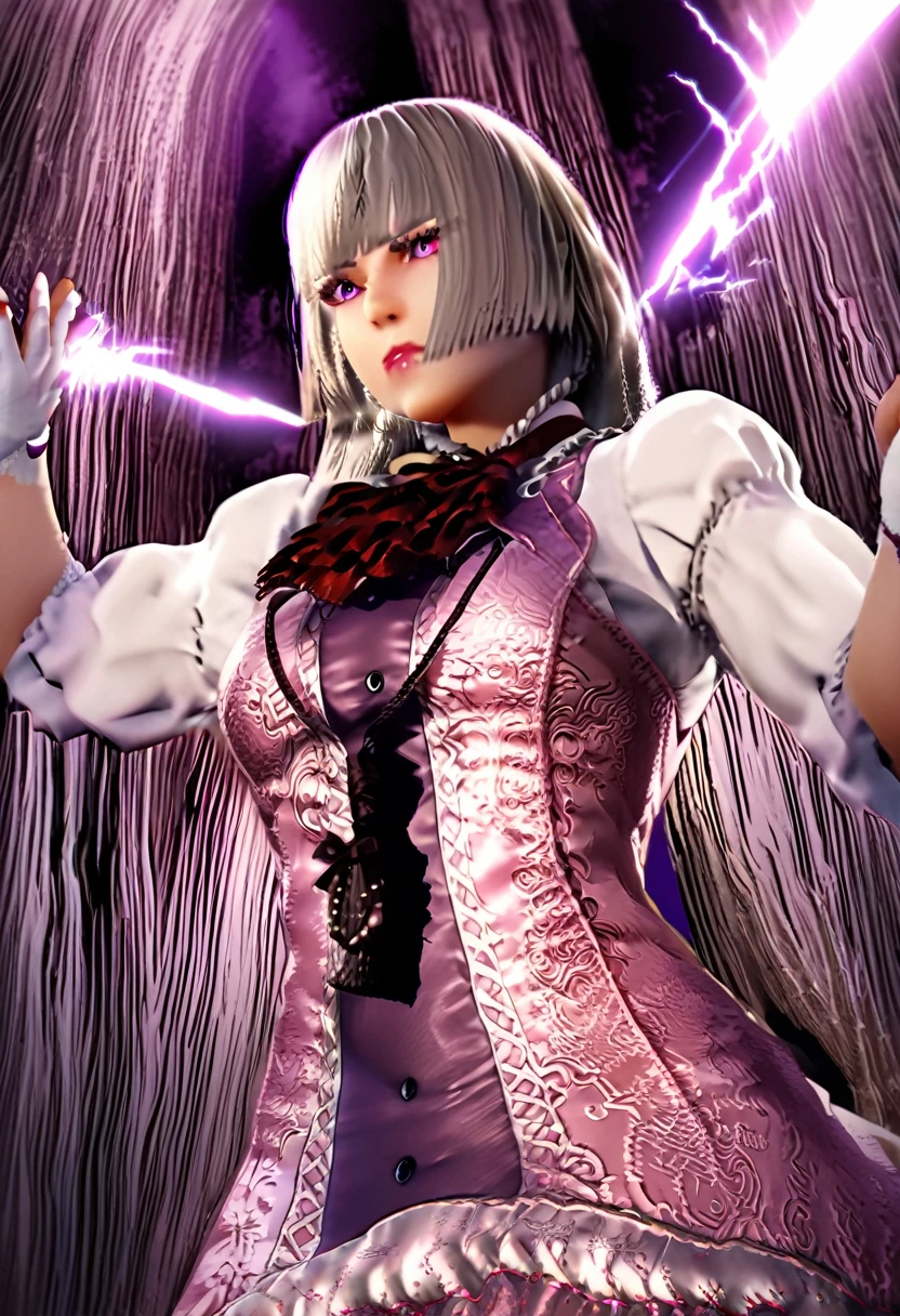 A striking high-contrast illustration of a fierce female martial artist, her short black hair adorned with subtle purple edges. Her intense gaze and determined expression convey her fierce demeanor. Clad in a sleeveless black top, black shorts, and a jacket split between purple and black, she is fully prepared for battle. Ready to unleash her electric energy, her glowing hands emit a powerful aura. Set within an eerie, mysterious forest, sunlight filters through, casting dramatic shadows and enhancing the anticipation and adrenaline-fueled excitement. The martial artist's confident, arrogant demeanor makes her a truly unforgettable presence, taunting her opponents with a mocking and daring expression.