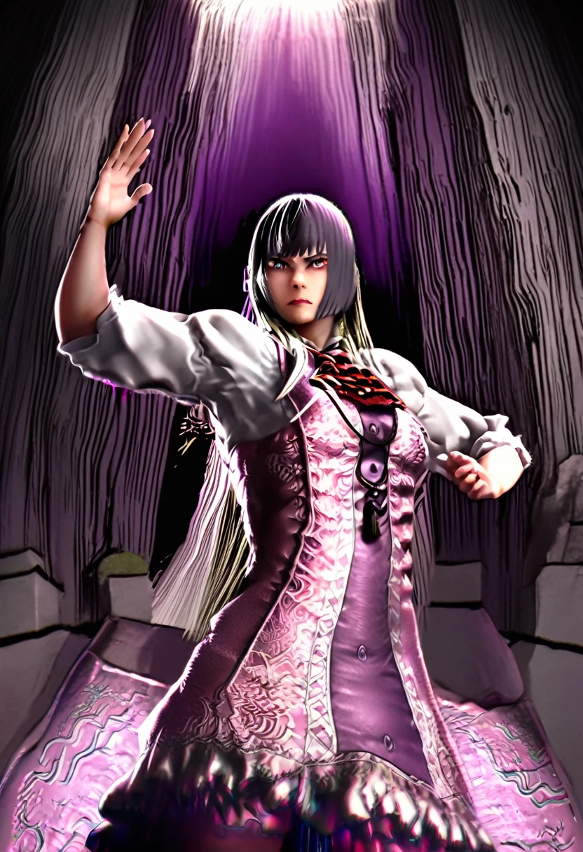 A striking high-contrast illustration of a fierce female martial artist, her short black hair adorned with subtle purple edges. Her intense gaze and determined expression convey her fierce demeanor. Clad in a sleeveless black top, black shorts, and a jacket split between purple and black, she is fully prepared for battle. Ready to unleash her electric energy, her glowing hands emit a powerful aura. Set within an eerie, mysterious forest, sunlight filters through, casting dramatic shadows and enhancing the anticipation and adrenaline-fueled excitement. The martial artist's confident, arrogant demeanor makes her a truly unforgettable presence, taunting her opponents with a mocking and daring expression.