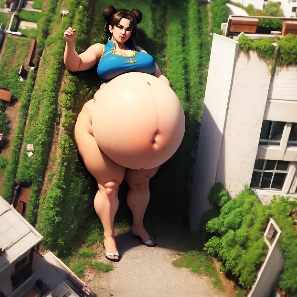((work of art,best qualityer)),1 girl,standing alone,ChunLi,comely, work of art, best qualityer, extreme detailed face, perfect lighting, 1 girl, chunlims, hair bun, double bun, ombre, make up, blue Chinese clothes, pelvic curtain, standing alone, in the forests, big belly hyperpregnant, seen no helicopter.