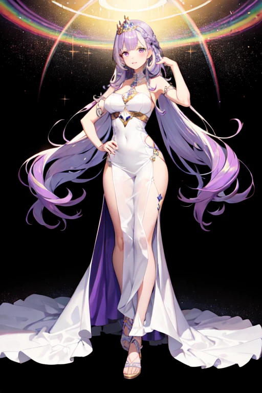 full length body image of an older woman with long light purple hair, purple eyes, foxtails, in a long rainbow dress, a crystal crown on her head, and crystal rainbows in the background