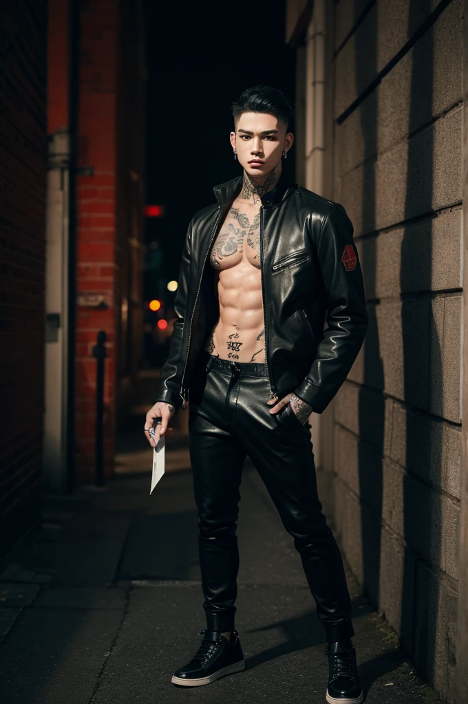 2d anime style,Skinheads,male,Red pupil,earrings,Showing chest muscles,Tattoo,Stylish outerwear,black trousers,Black leather shoes,night