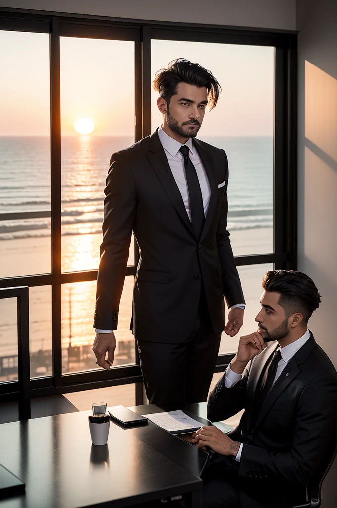 Man sitting at the office desk, this desk contains notes and a computer on the 18th floor of the building, he is wearing an all-black business suit, hair cut in a gradient design in his hair and stubble in the background on this glass balcony, the sunset is the beach