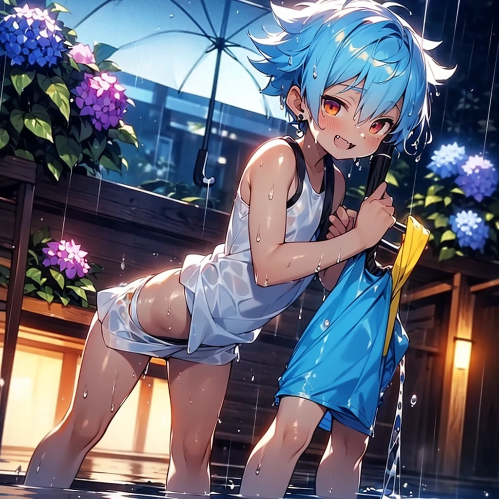 (solo:2), (boldline:-1.6), (illustration:1.5), (holding yellow see throgh umbrella:1.8), (arched back:1.5), ((bubble)), (standing:1.5), (((fang))), (((best finger))), BREAK (best quality:1.5), (absolutely resolution:1.5), (ultra detailed:1.5), (masterpiece:1.5), (perfect face), (detailed face), (detailed eyes), (best eyes), (cute face), (shota:2), BREAK (black tank top:1.75), BREAK (white loincloth:1.5), (see throgh wet clothes:1.5), (bulge:1.6), (skinny:1.3), BREAK (light blue hair:1.5), ((spiked hair)), BREAK (wine red eyes:1.4), (eyes with highlight:1.6), ((mole under eye)), (sweaty skin), (chuckling:1.4), ((earrings)), (shiny skin:1.3), BREAK (garden), (purple hydrangea on ground:1.4), (heavy rain:1.3), ((wind blowing)), ((nipple)), (abs), groin, water splashing, from below, wide angle,