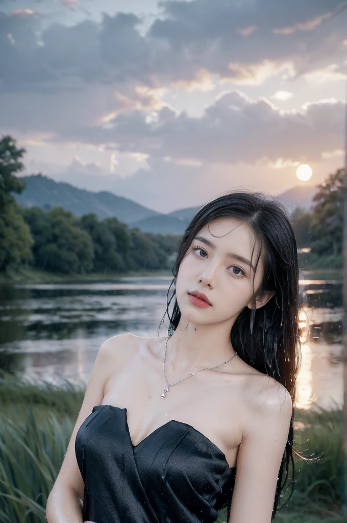 (((best quality))),(((ultra detailed))),(((masterpiece))),illustration,1 beautiful girl,solo,slim,thin,flat chest,shoulder length straight bob hair,flowing hair,fair skin,(shiny skin:1.3),sparkling eyes,blue dress,delicate necklace,grass,dewdropletts,trees,bird chirping,serenity,gratitude,awe,wonders of nature,peace,contentment,magnificent world,summer,(pitch-dark dawn:1.5),(night scene:1.3),upper body,from front,after rain,(wet:1.3),standing,dark clouds,confident gaze,elegant posture,mysterious atmosphere,solemn mood,deep blue sky,dawn approaching,detailed decorations,(sunrise:1.3)