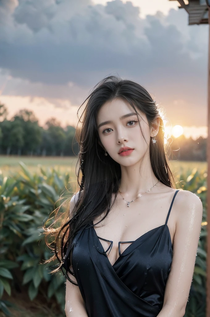 (((best quality))),(((ultra detailed))),(((masterpiece))),illustration,1 beautiful girl,solo,slim,thin,flat chest,shoulder length straight bob hair,flowing hair,fair skin,(shiny skin:1.3),sparkling eyes,blue dress,delicate necklace,grass,dewdropletts,trees,bird chirping,serenity,gratitude,awe,wonders of nature,peace,contentment,magnificent world,summer,(pitch-dark dawn:1.5),(night scene:1.3),upper body,from front,after rain,(wet:1.3),standing,dark clouds,confident gaze,elegant posture,mysterious atmosphere,solemn mood,deep blue sky,dawn approaching,detailed decorations,(sunrise:1.3)