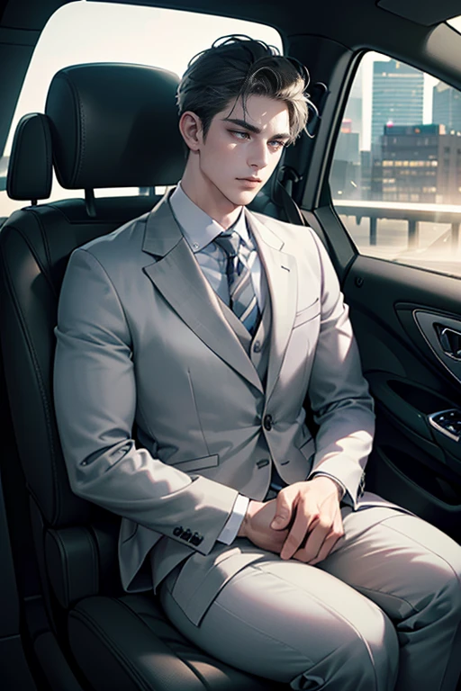 (1 man, 31 years old, CEO in a grey suit, sleeping in a car, full body shot, expression of love, photorealistic, 8k, high definition, masterpiece, ultra-detailed, hyper-realistic, studio lighting, physically-based rendering, extremely detailed, vivid colors, dramatic lighting)