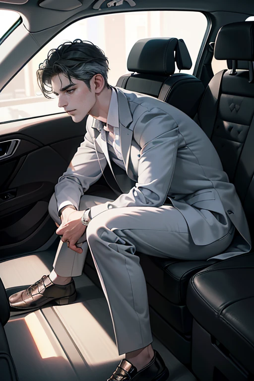 (1 man, 31 years old, CEO in a grey suit, sleeping in a car, full body shot, expression of love, photorealistic, 8k, high definition, masterpiece, ultra-detailed, hyper-realistic, studio lighting, physically-based rendering, extremely detailed, vivid colors, dramatic lighting)