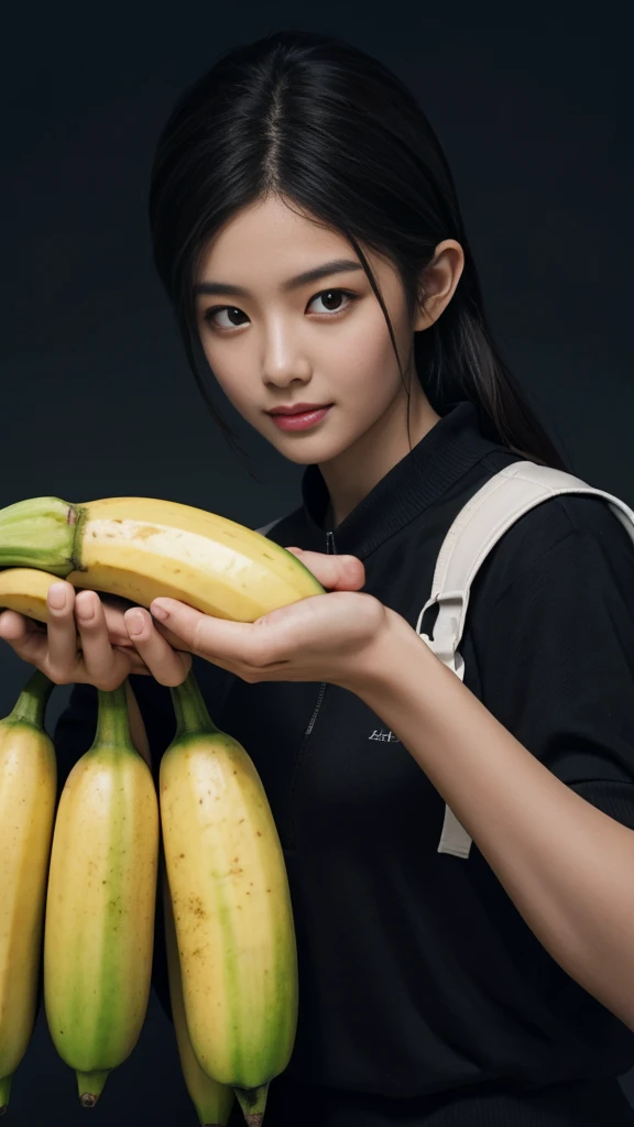 (RAW photo :1.2), (Fidelity :1.4), (monochrome background), lively Asian boy, banana in hand, posing at screen smiling, very detailed eyes and face, huge file size, Super Detailed, High resolution, Very Detailed, best quality, Masterpiece, 8k, Amazing, fine detail, soft lighting, (in back)